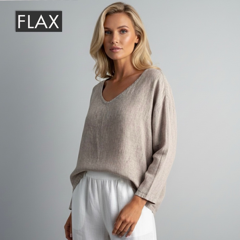 FLAX 100% Linen Oversized V-Neck Tunic Top L Lagenlook Bohemian Long Sleeves - Picture 1 of 14